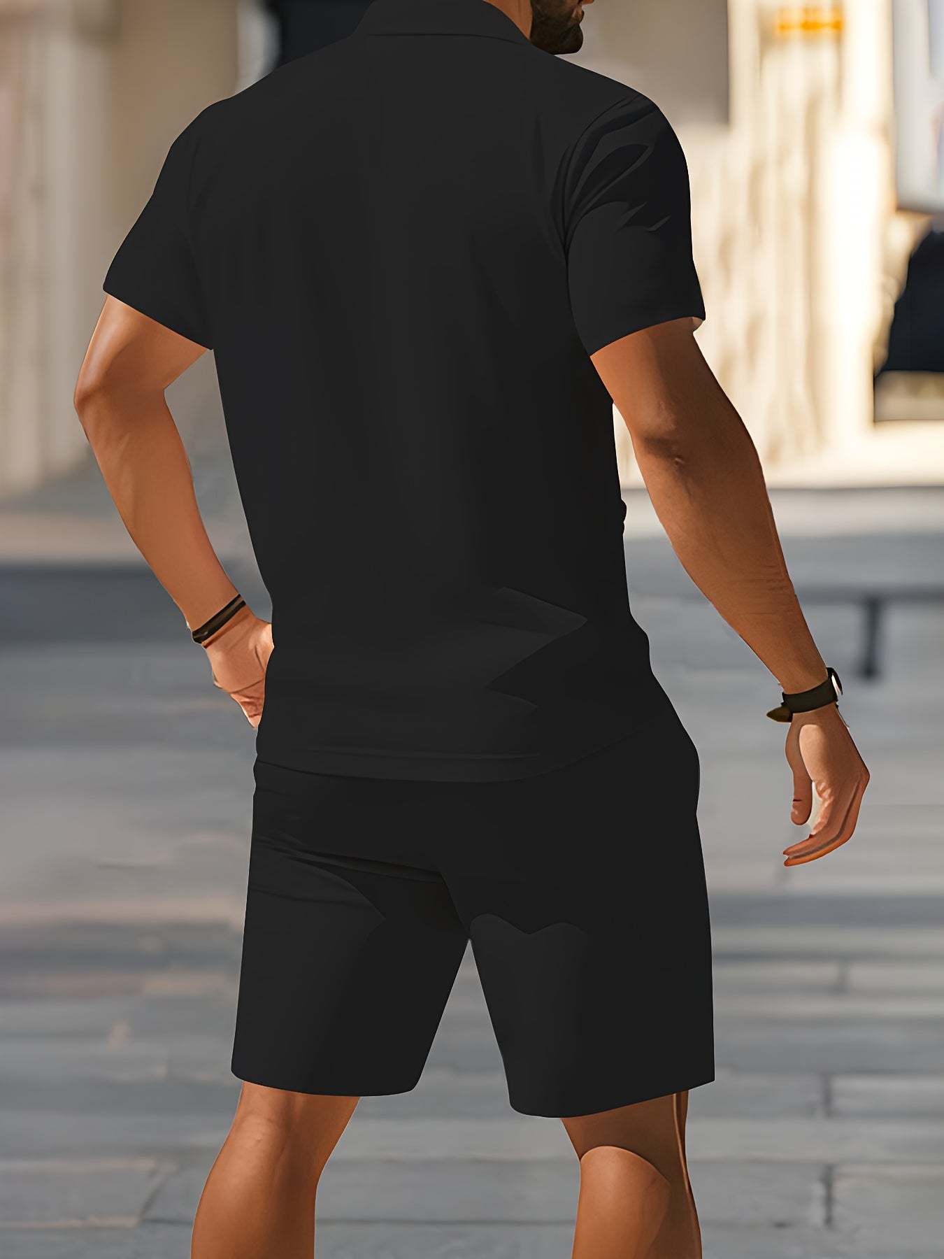 Men's Outdoor Fitness Polo Set with Lapel Collar and Shorts