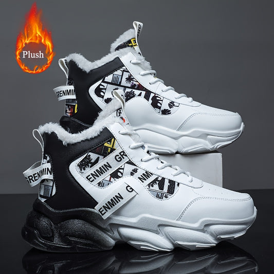 Men's High-Top Sneakers - Winter-Ready Upper & Cushioned EVA Sole, White/Black/Gray/White Colorway with Lace-Up Closure, Round Toe & Arch Support - Casual & Formal Winter Shoes for Men, Gym, Casual Attire - All-Terrain Tracti