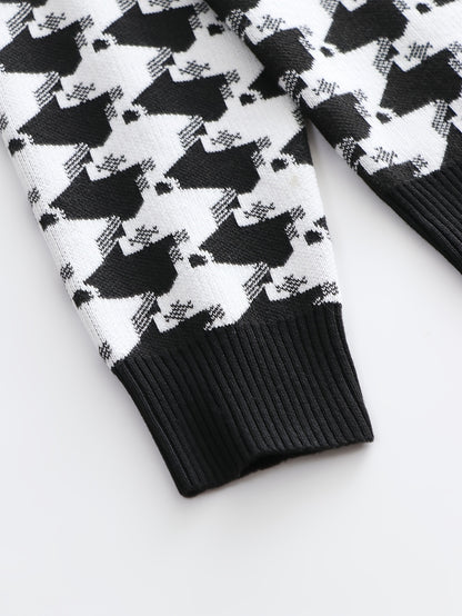 Temujin OBM Men's Fashion New Houndstooth Jacquard Knit Long Sleeve Pullover Sweater