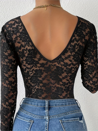 Stylish Deep V Backless Lace Rose Print Sheer Fitted Long Sleeve Bodysuit 10717