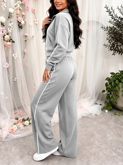Women's Casual Two-Piece Set with Embroidered Jacket & Wide-Leg Trouse - ayq