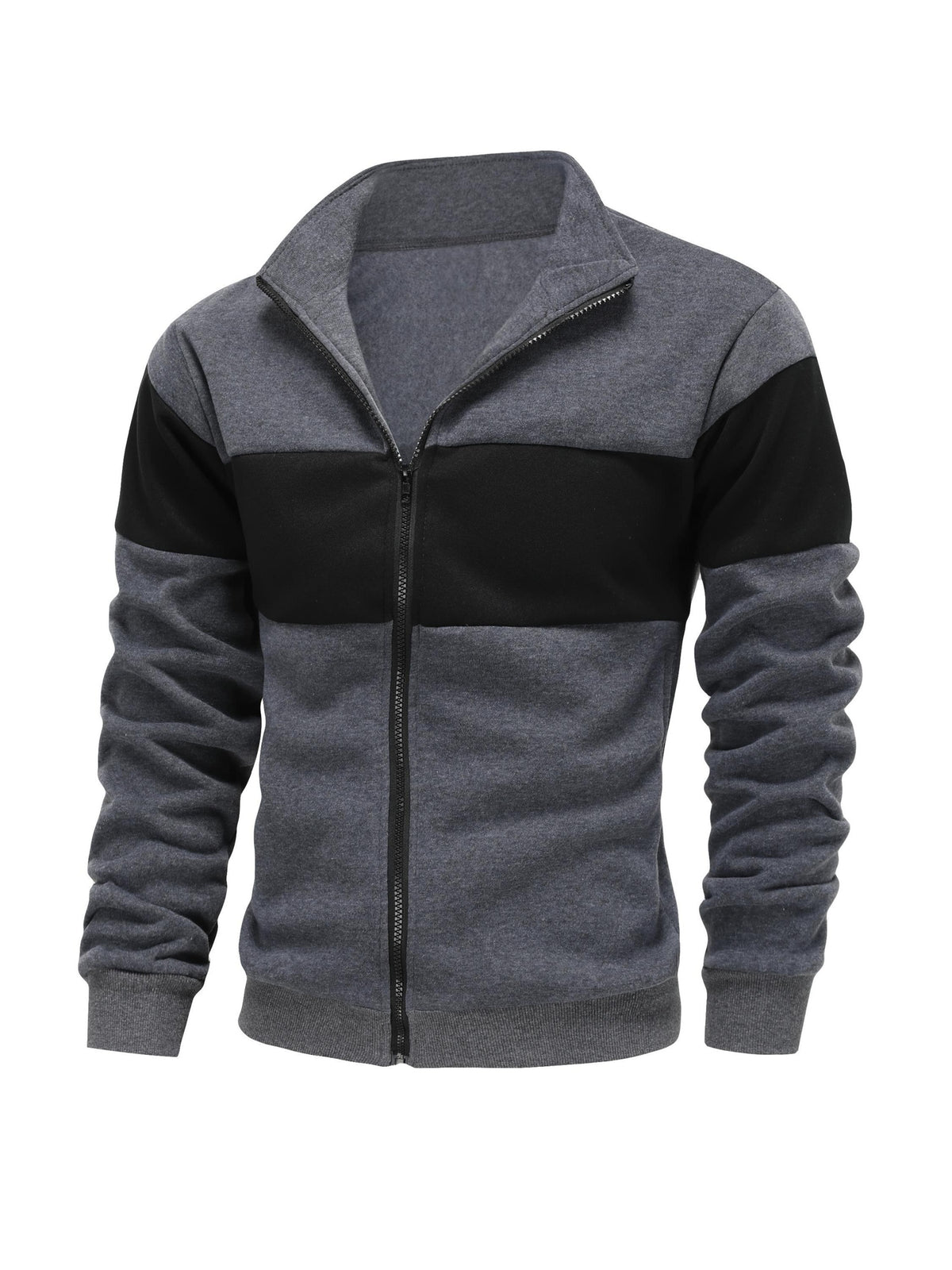 Men's Casual Stand Collar Zip-Up Fleece Jacket with Color Block