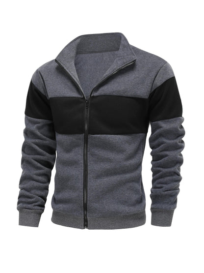 Men's Casual Stand Collar Zip-Up Fleece Jacket with Color Block
