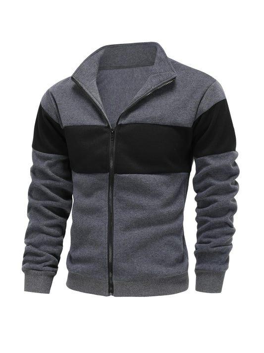 Men's Casual Stand Collar Zip-Up Fleece Jacket with Color Block