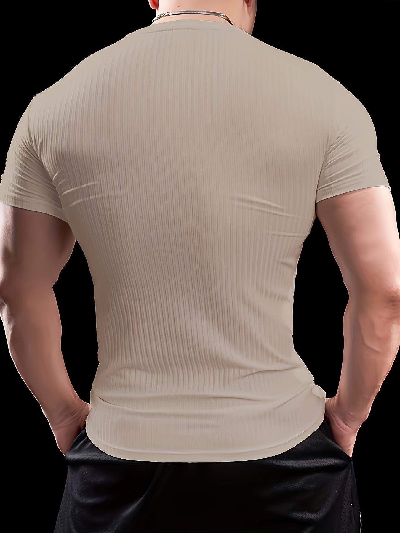 Men's Slim Fit Ribbed Short Sleeve T-Shirt - Stretchy Athletic  Casual Wear, Green, Round Neck, Machine Washable, Muscle-Enhancing Design, Gym Shirts