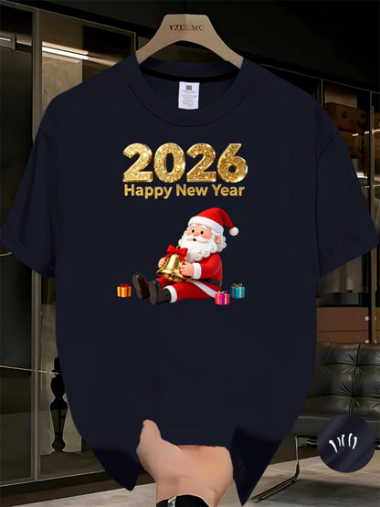 Men'S 2026 Happy New Year Santa Claus Graphic T-Shirt - Breathable Summer Casual Tee with Golden & Red Print, Regular Fit Round Neck Short Sleeve, Festive Clothing, Comfortable Fit, Holiday Shoppers