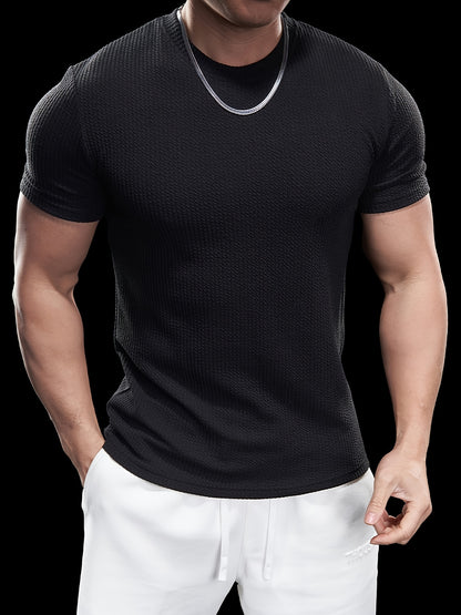 Men's Slim Fit Stretch Crew Neck Short Sleeve T-Shirt - Solid Color Black, Summer Casual  Sporty Tee for Casual Attire