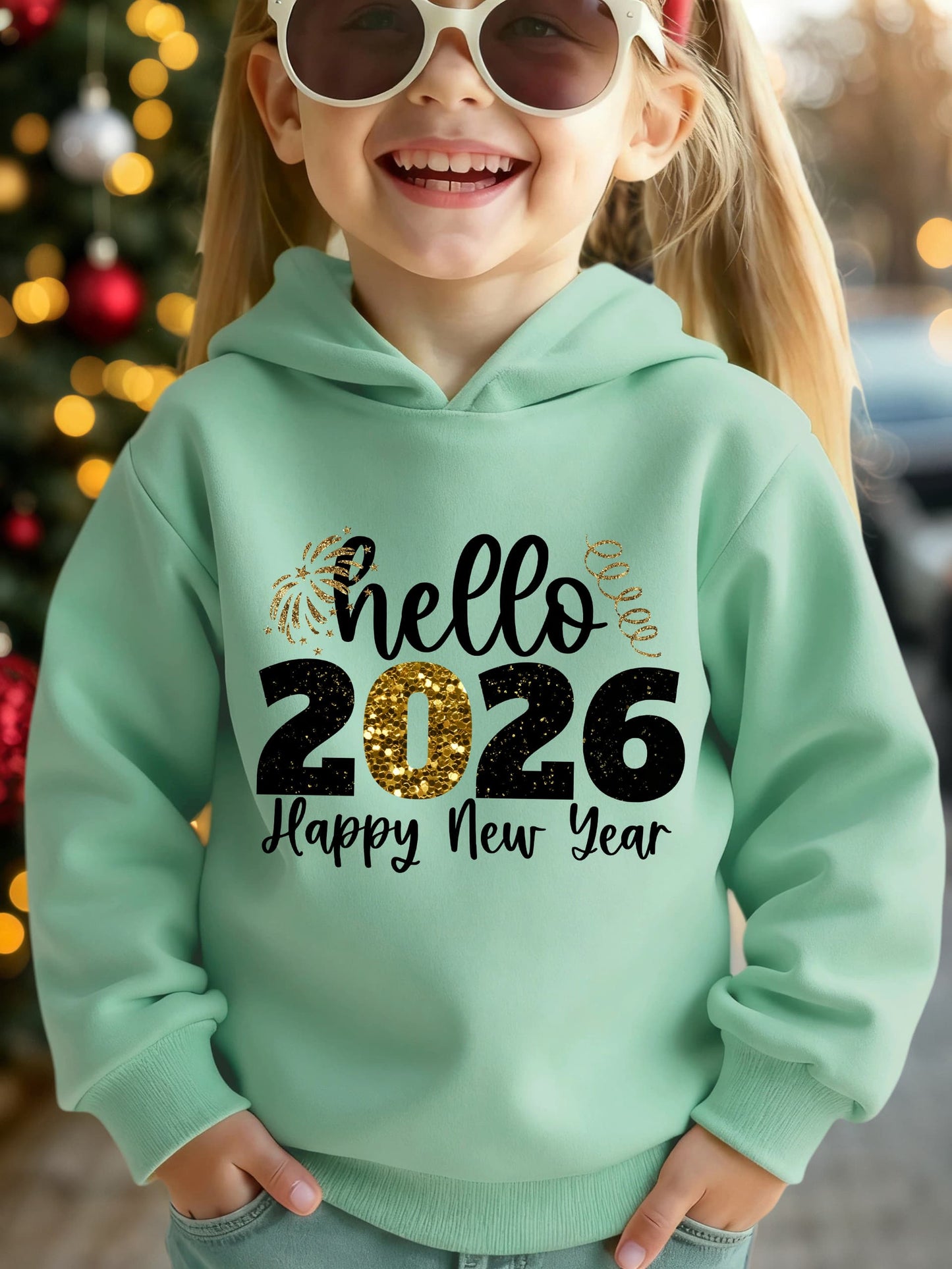 Girls' 2026 New Year'S Hooded Sweatshirt - Hello 2026 Happy New Year Lettering, Mint Green with Golden Glitter Accent, Cozy Fleece Pullover for Christmas & New Year, Winter Casual Wear, Christmas Sweatshirt, Festive Clothing,