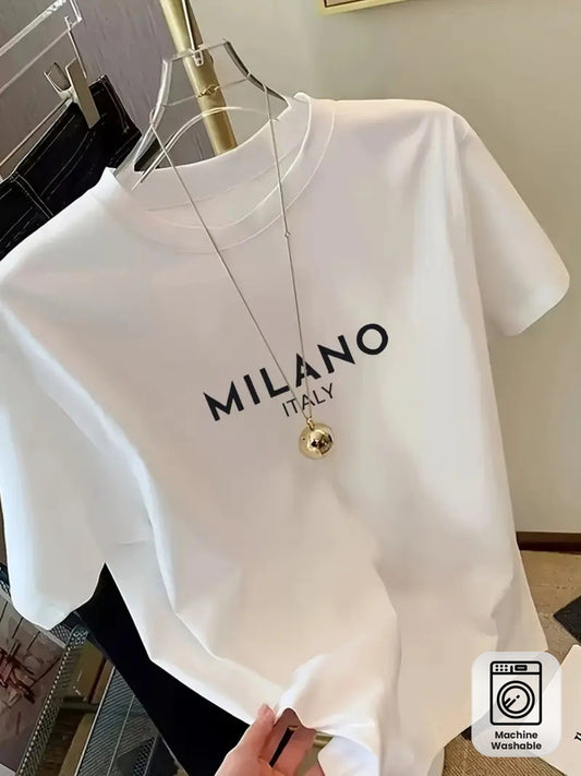 Women's Casual Cotton Blend Round Neck Letter Print T-Shirt - ayq
