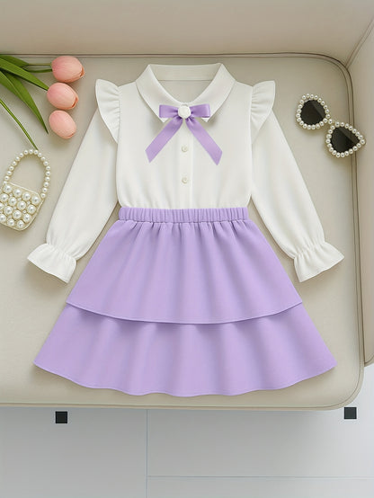Girls' White Ruffle Sleeve Top & Black Layered Midi Skirt
