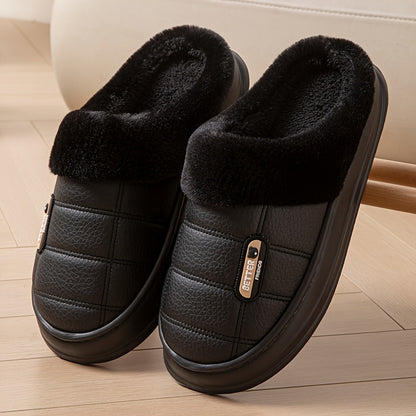 Men's Large PU Faux Leather Slippers Thick EVA Sole Warm Slip-On