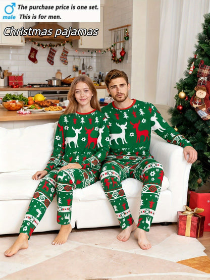 [MEN/WOMEN] Couple Style Christmas Pajamas Loungewear, New Year Gift Christmas Reindeer Print Top with Striped Pants, Long Sleeve Long Pants Pajama Set for Men or Women, Holiday Loungewear Set