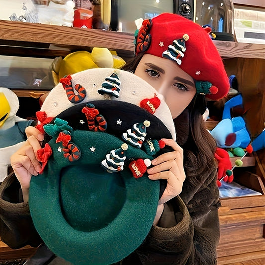 Women's Red Christmas Beret Hat with 3D Christmas Tree Decorations - Elastic Drawstring Closure, Lightweight Warm Winter Hat for Holiday Parties, Photo Shoots, Valentine's & New Year's Eve - Festive Movie-Inspired Fashion Acc