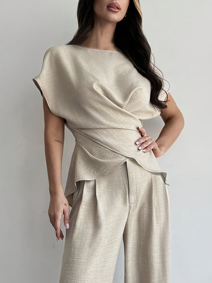 Elegant Women's Corset Tie-Front Top & Wide-Leg Pants Set