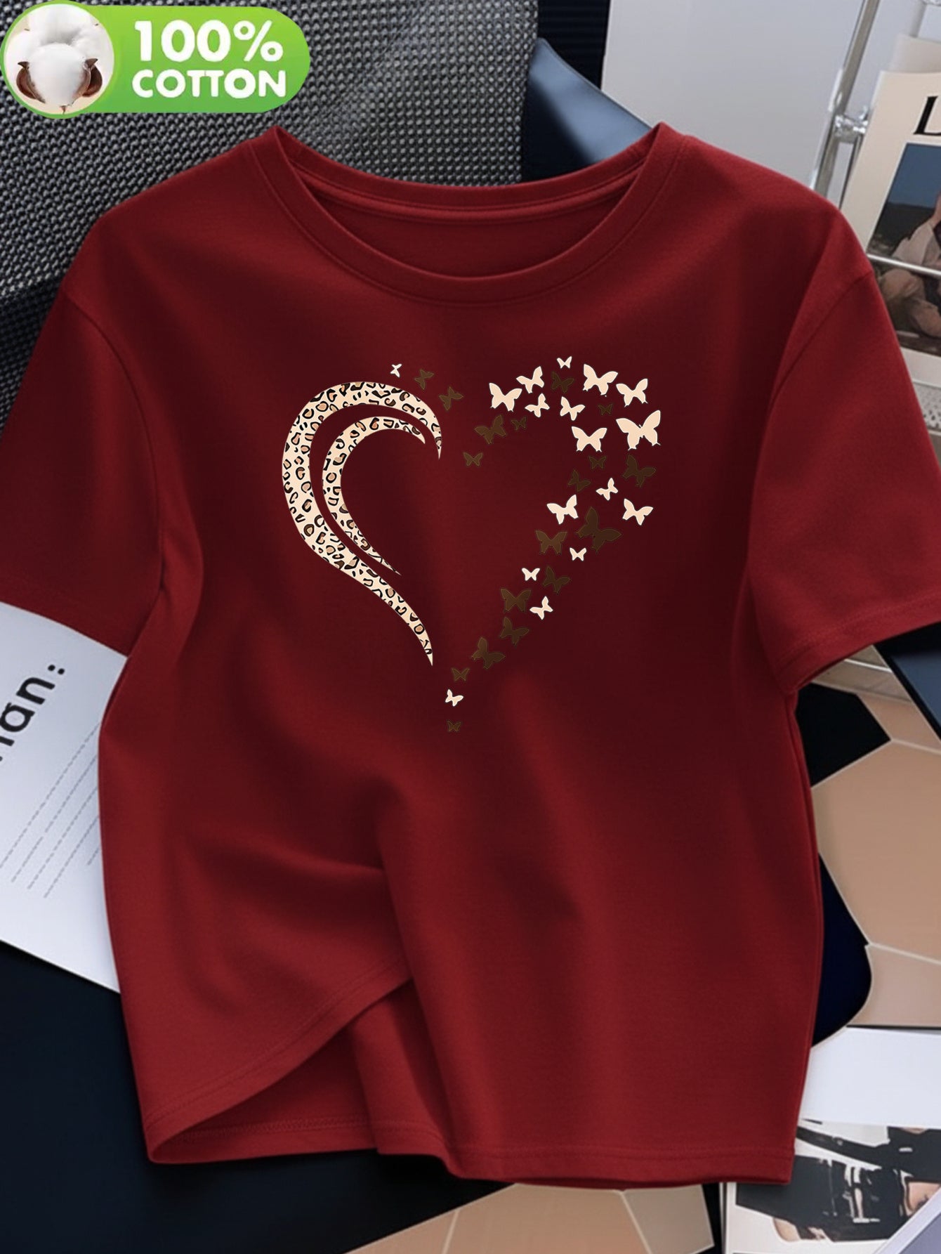 Women's Casual Cotton T-Shirt with Heart Butterfly Applique