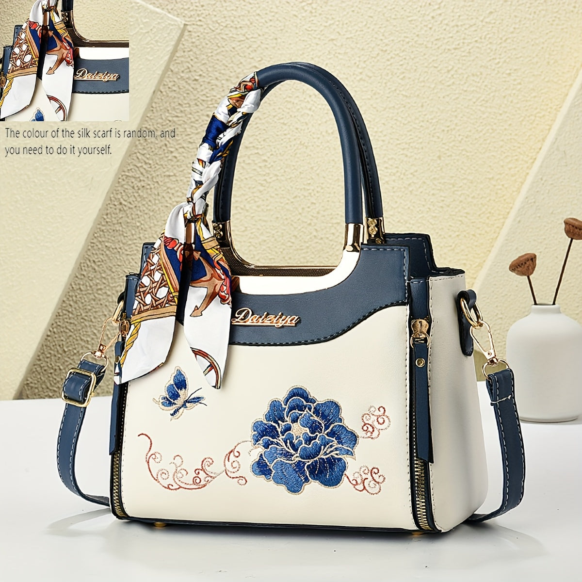 Embroidered Colorful Wo 'S Handbag with Random Scarf Color, Business Spring/Summer Date, Casual Travel, Mother'S Day Gift, Large Capacity, Middle-Aged, Commuting, Contrast Color