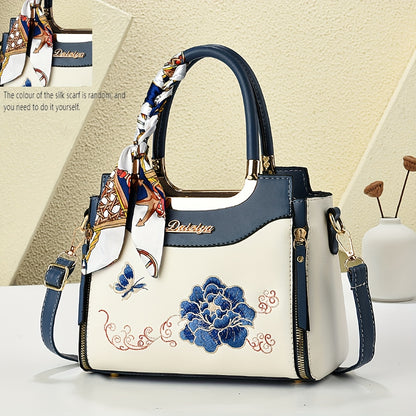 Embroidered Colorful Wo 'S Handbag with Random Scarf Color, Business Spring/Summer Date, Casual Travel, Mother'S Day Gift, Large Capacity, Middle-Aged, Commuting, Contrast Color
