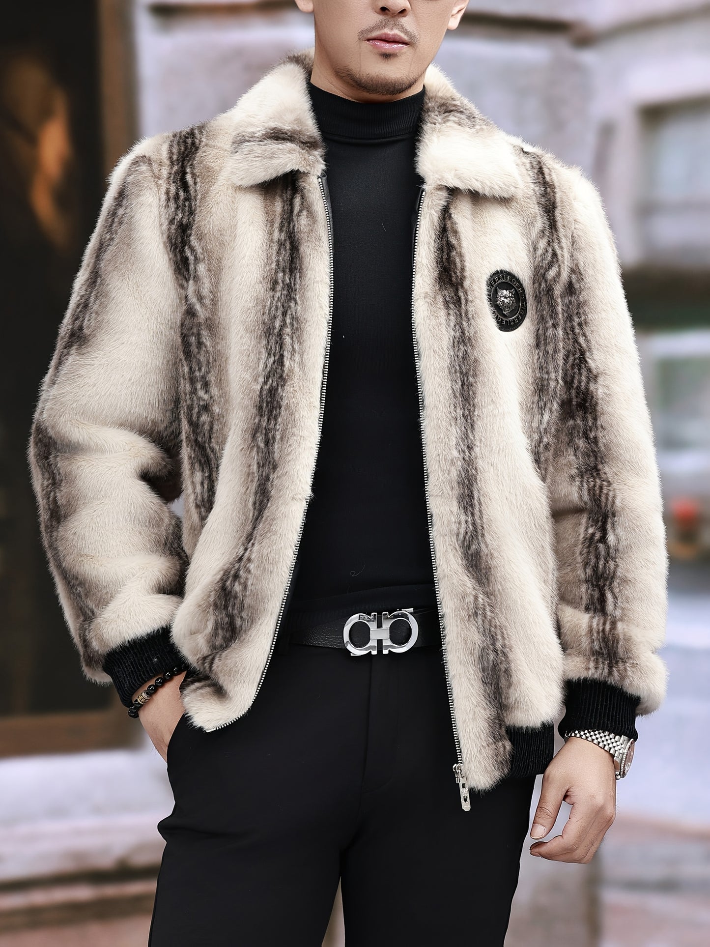 Men'S Winter Faux Fur Coat - Warm Color-Block Lapel Collar Jacket with Zipper Closure, Black & Beige Contrast Design, Regular Fit for Casual & Formal Wear, Polyester Lining, Stylish Streetwear, Faux Fur Coat