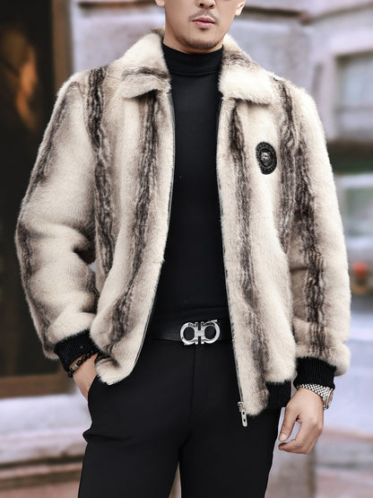 Men'S Winter Faux Fur Coat - Warm Color-Block Lapel Collar Jacket with Zipper Closure, Black & Beige Contrast Design, Regular Fit for Casual & Formal Wear, Polyester Lining, Stylish Streetwear, Faux Fur Coat