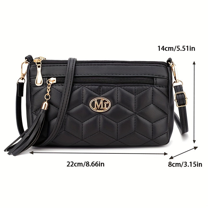 Quilted Women'S Crossbody Bag with Large Capacity, Casual Shoulder Bag Featuring Tassel Decorations, Multiple Zip Openings, And Adjustable Shoulder Strap