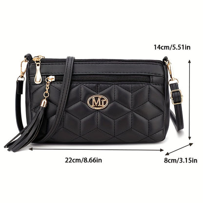 Quilted Women'S Crossbody Bag with Large Capacity, Casual Shoulder Bag Featuring Tassel Decorations, Multiple Zip Openings, And Adjustable Shoulder Strap