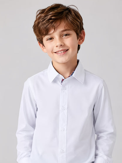 Boys' Preppy Plaid Patchwork Shirt with Lapel Collar