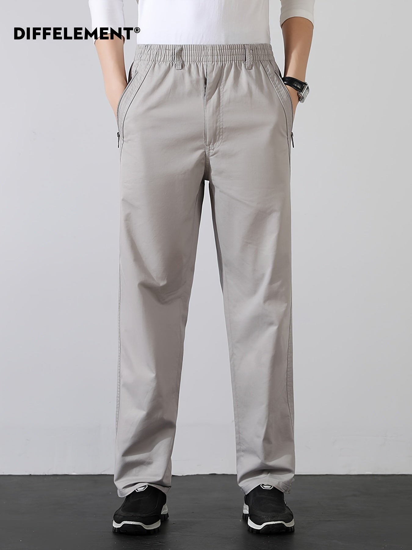 Men's Cotton Casual Trousers with Elastic Waist and Zipper Pockets