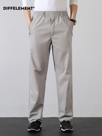Men's Cotton Casual Trousers with Elastic Waist and Zipper Pockets