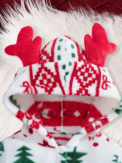 1pc Girls' Winter Warm Hooded Plush Outfit - Soft Long Sleeve Romper with Deer & Tree Pattern, Cozy Fleece Lined Leggings, Red & Green Holiday Design, for Outdoor, Christmas, New Year - Machine Washable, Perfect For Outdoor