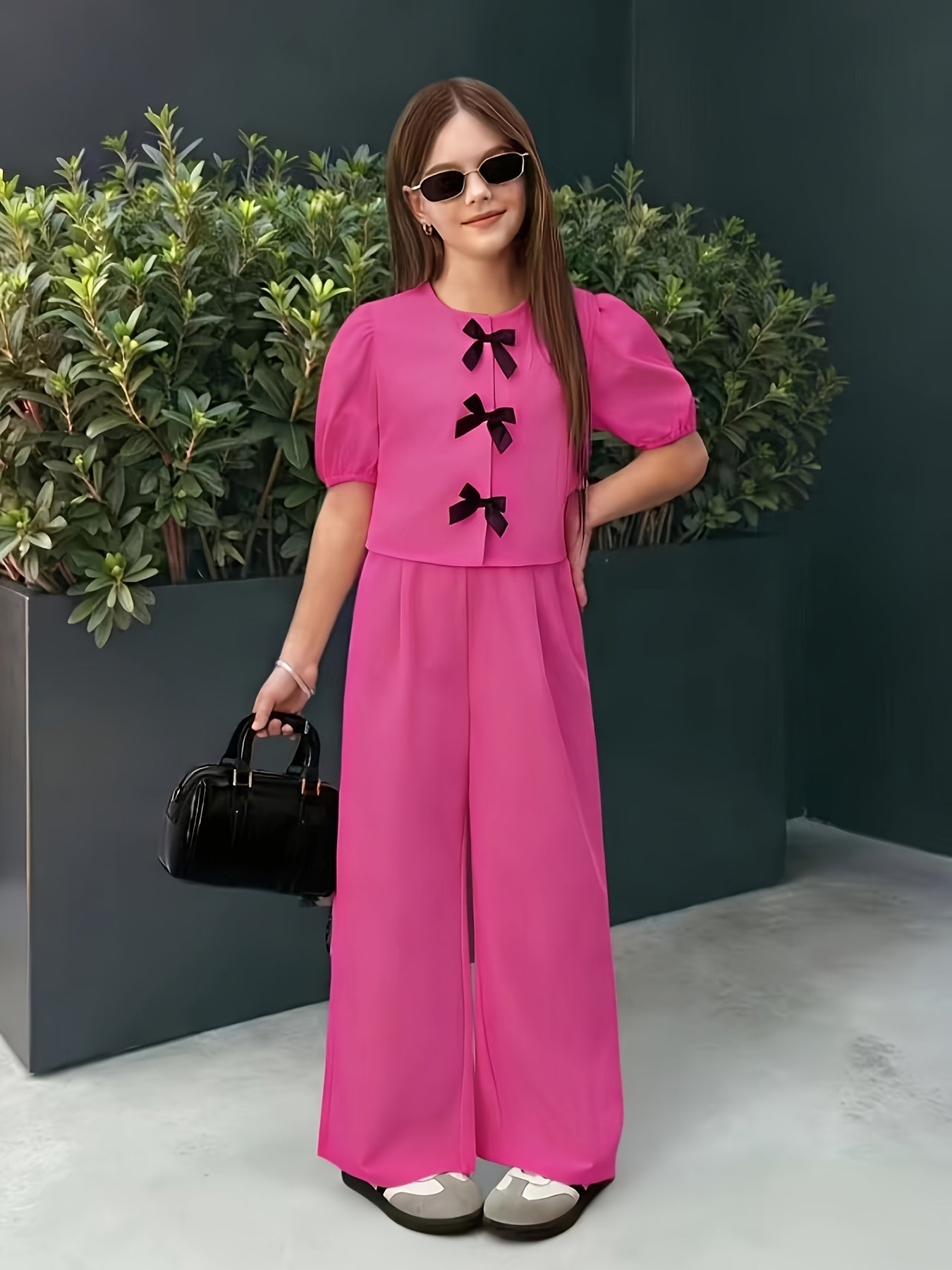 Girls' Casual Puff Sleeve Top & Pants Set for Spring Summer