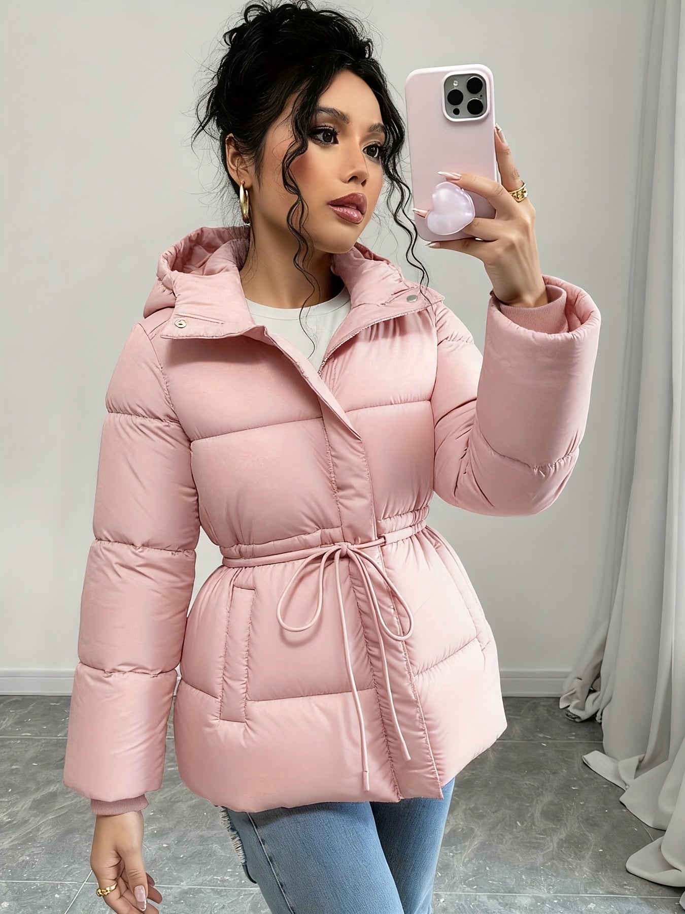 Women'S Elegant Black Puffer Jacket - Mid-Length Loose Fit with Adjustable Drawstring Waist, Long Sleeves, and Front Zipper, Casual Winter Outerwear for Cold Weather, Winter Jacket