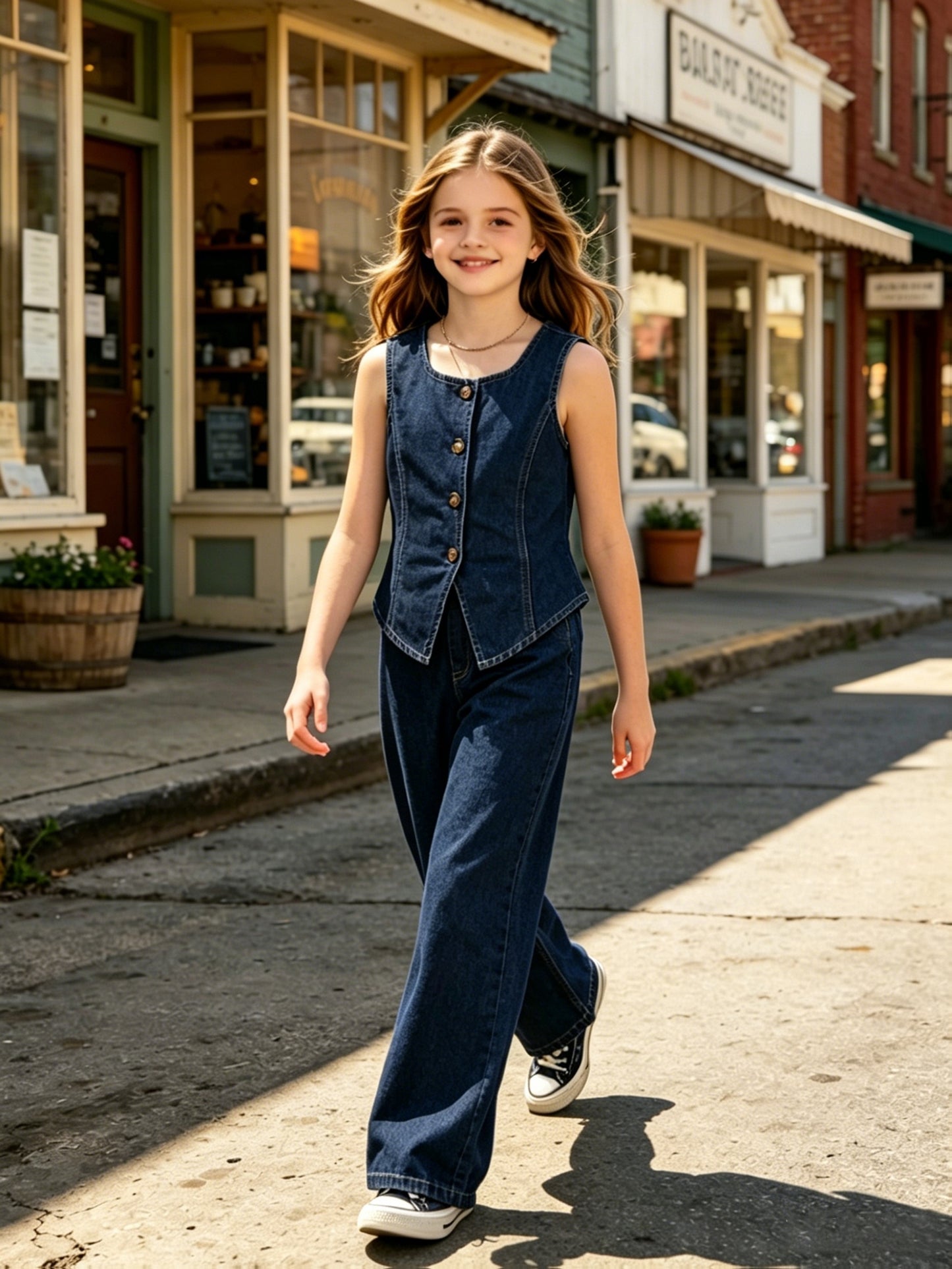 Girls' Summer Sleeveless Denim Vest & Wide-Leg Jeans Set