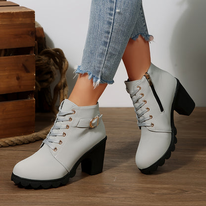 Women's Chunky platform heel Boots - Lace-up closure, Faux Cover Round-toe boots with, Thick Platform Sole for Dresses, Jeans, Party Outfits - All-Season Everyday  Formal Shoes, Stylish Outfit Additions, Side Zipper Detail,