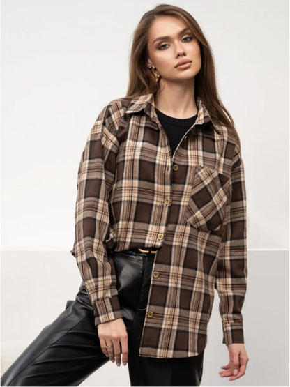 Plaid Long Sleeve Women's Casual Blouse with Lapel Collar