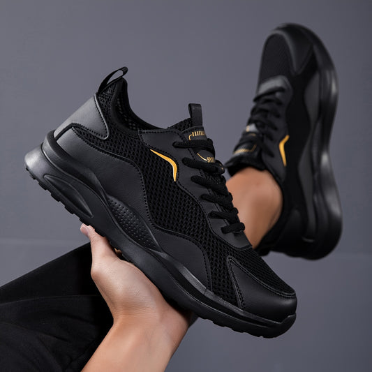 Men's 2025 New Summer Breathable Running Shoes - Lightweight Cushioned Sneakers with Golden Accents, Low-Top Black Casual Shoes for Gym, Walking  Daily Wear, All-Season Comfort, Sleek Sporty Design, Durable Traction Footwear