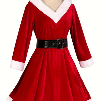 Women'S Elegant Red & Poinsettia Christmas Hooded V-Neck Party Dress with Belt - Sexy Temptation Outfit for Nightclub, Bar, Holiday Events - All-Season Formal &