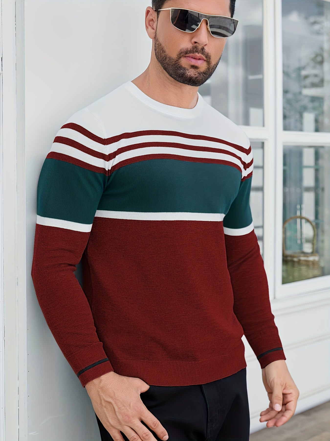 Men's Casual Comfort Knit Sweater, New Spring/Autumn Round Neck Base Layer Three-Stripe Contrast Color Pullover