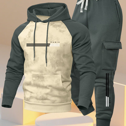 A New Trendy Color-Blocked Hoodie with Raglan Sleeves And Loose-Fitting Cargo Pants Featuring Multiple Pockets, Perfect for Casual Everyday Wear. This Breathable Hoodie And Loose Long Pants Set Comes in a Two-Piece Print Desi