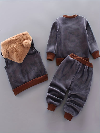 Boys' Autumn and Winter Fleece-Lined Warm Long Sleeve Set with Bear Face, Stylish Casual Three-Piece Outfit, Perfect for Outdoor Activities, Outdoor Playwear, |playful Bear Design|zippered Jacket, For Outdoor
