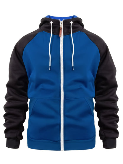 Men'S Stylish Color Block Hoodie - Casual Zip-Up Hooded Sweatshirt with Front Pockets, Long Sleeves, and Ribbed Cuffs - Maroon & Black Design, Comfortable for Fall and Winter Wear