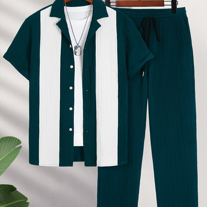 New Men's Colorful French Stripe Short Sleeve Shirt and Trousers Set