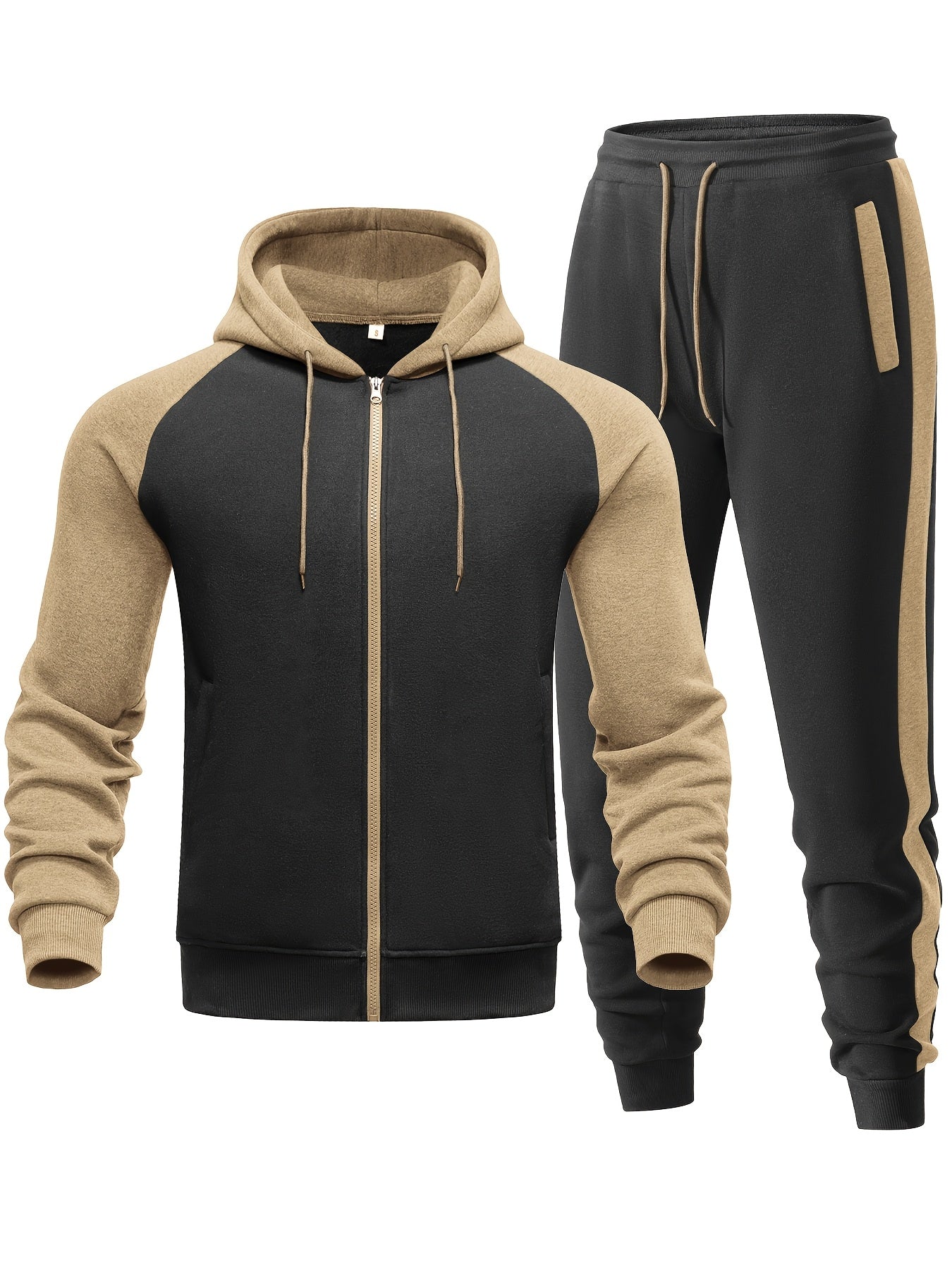 Men'S Casual Sports Hoodie Two-Piece Set with a Color-Blocked Design, Featuring a Zip And Drawstring Waist, Suitable for Jogging in All Seasons