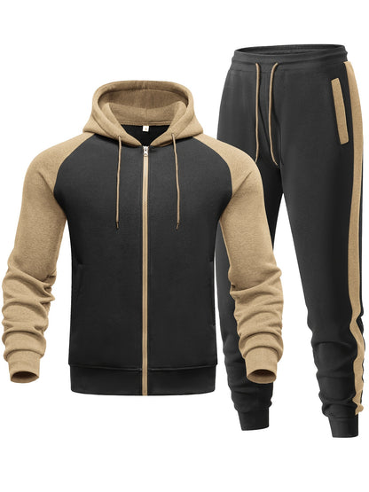 Men'S Casual Sports Hoodie Two-Piece Set with a Color-Blocked Design, Featuring a Zip And Drawstring Waist, Suitable for Jogging in All Seasons