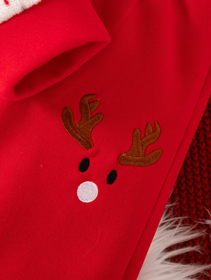 Boys' Casual Christmas Pattern Embroidery Design Regular Fit Hooded Long Sleeve Sweatshirt and Pants Set Fleece Jacket Outfit for Autumn/Winter, Perfect for Outdoor