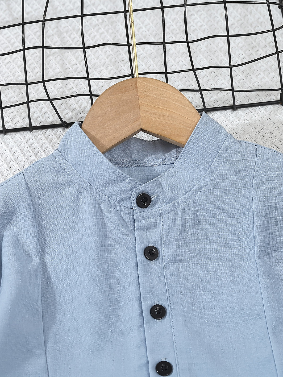 Boys' Short Sleeve Stand Collar Shirt with Contrast Buttons