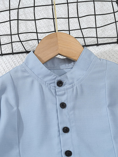 Boys' Short Sleeve Stand Collar Shirt with Contrast Buttons