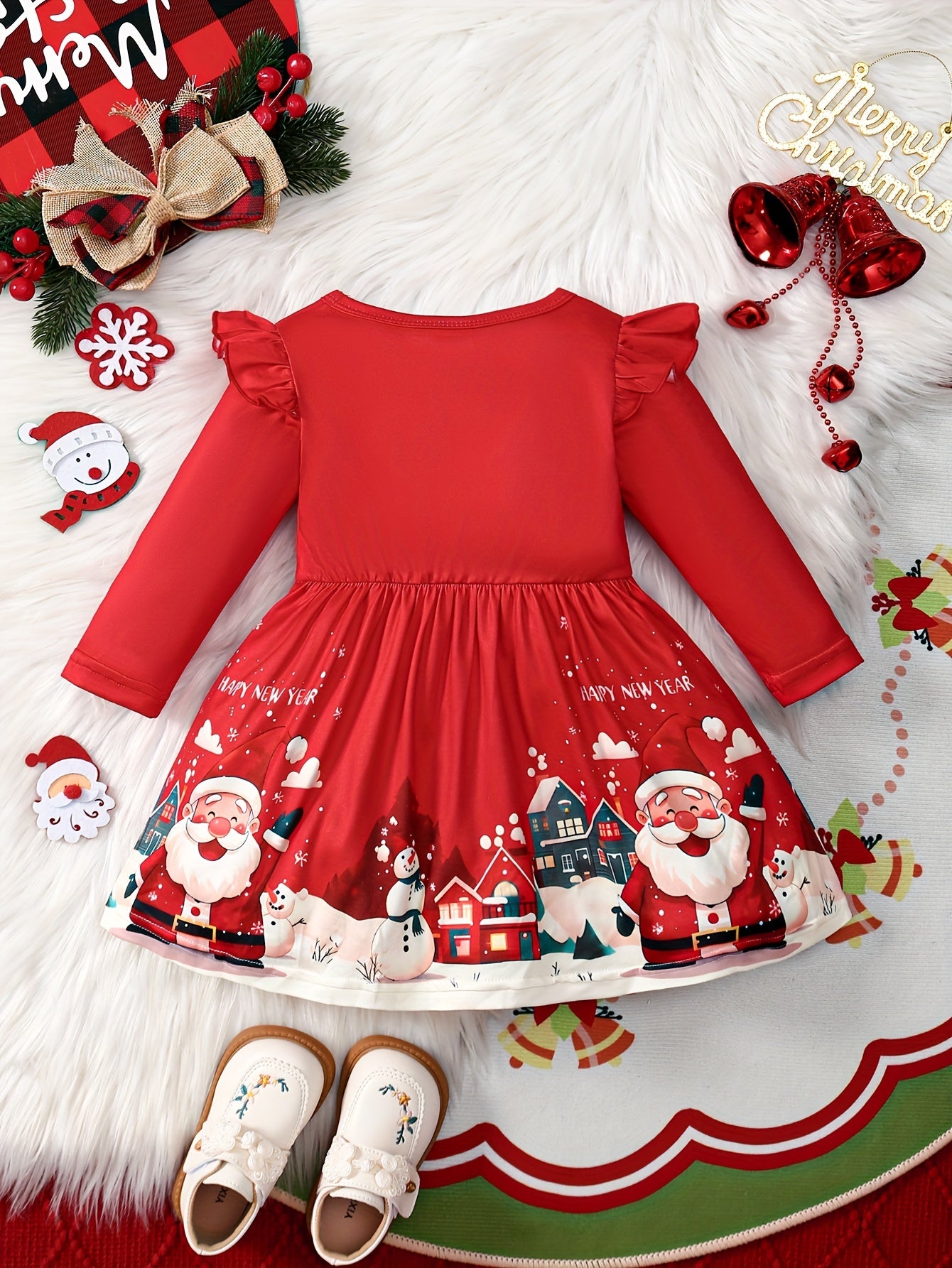 Festive Toddler Girl's Long Sleeve Ruffle Trim Dress with Santa and Snowman Print - Polyester Blend with Slight Stretch, Casual Knit Fabric Playwear for Spring/Fall