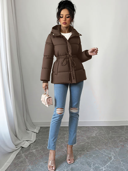 Women'S Elegant Black Puffer Jacket - Mid-Length Loose Fit with Adjustable Drawstring Waist, Long Sleeves, and Front Zipper, Casual Winter Outerwear for Cold Weather, Winter Jacket