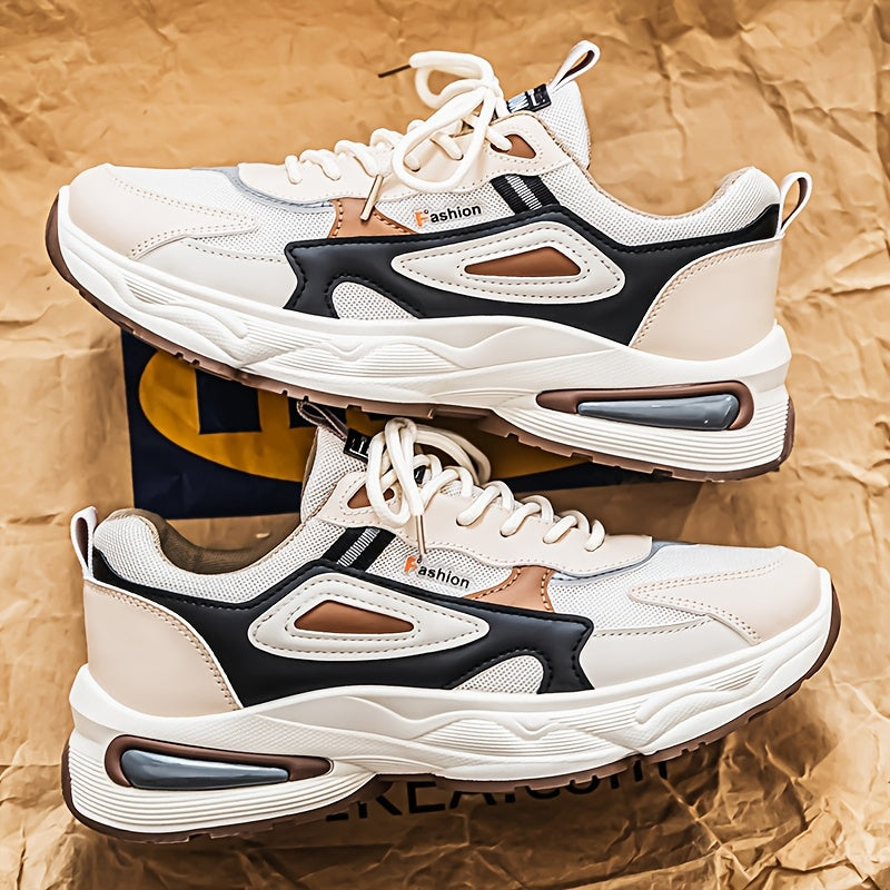 Men's Fashion Sneakers - White/Black/Brown PU Upper, Breathable Fabric Lining  Cushioned EVA Insole, Durable PVC Sole, Lace-Up Mid-Top Design for All-Season Casual  Daily Wear, High Top Sneakers, Versatile Footwear, Modern