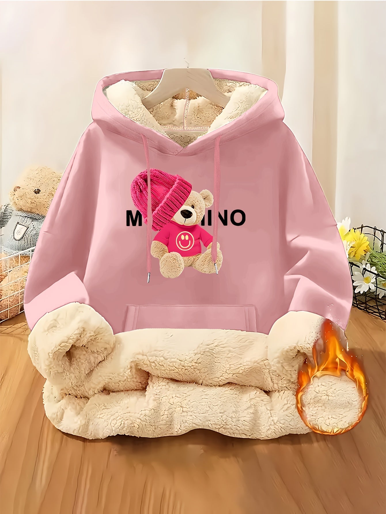 Women'S Thick Fleece Hooded Sweatshirt with Cute Bear Print & Plush - Cozy Winter Warmth, Drawstring Hood & Pockets, Casual Retro Style, Machine Washable For Fall/winter Commuting & Daily Wear, Winter Sweatshirt, Seasonal Fas